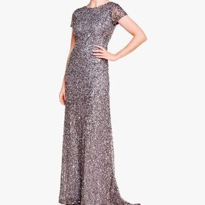 Adrianna Papell sequin short sleeve gown with train, silver gray charcoal
